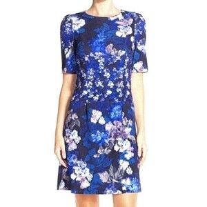 BETSEY JOHNSON Navy Short Sleeve Watercolor Floral Sheath Dress 12 Scuba Party